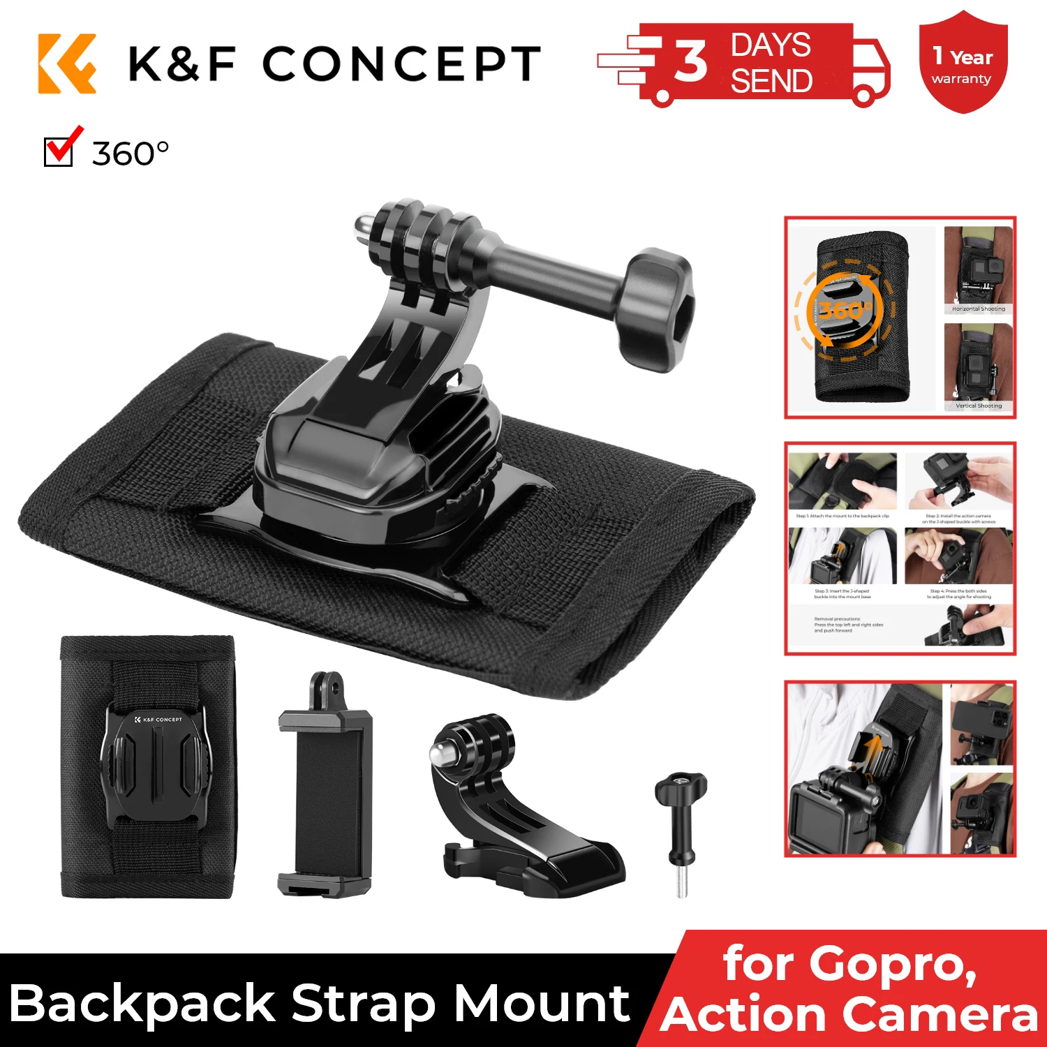 

K&F Concept Backpack Belt Shoulder Strap Mount for GoPro Hero 13/12/11/10/9/8/7/6/5/4 Black Session DJI Osmo Action 5 Pro/4/3