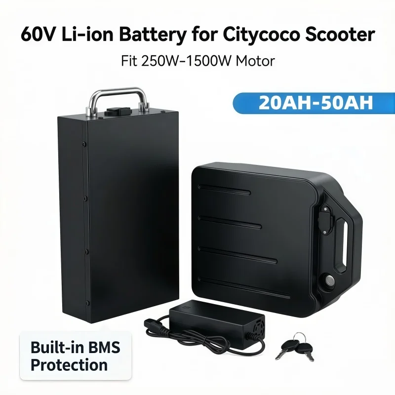 1000+ Cycle Life 60V Lithium Battery, 20Ah-50Ah, Waterproof, for 250W~1500W Citycoco Harley Motorcycle, 67.2V Charger