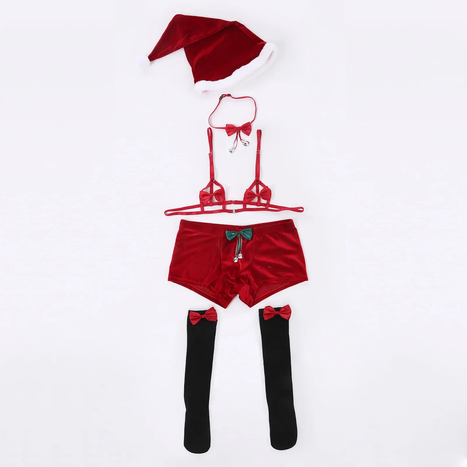 Мужское нижнее белье, 5 шт./компл., рождественское нижнее белье, носки-колокольчики, шляпа Санта-Клауса, сексуальный костюм для вечеринки, сексуальный выпуклый мешочек, шорты-боксеры, ажурный бюстгальтер