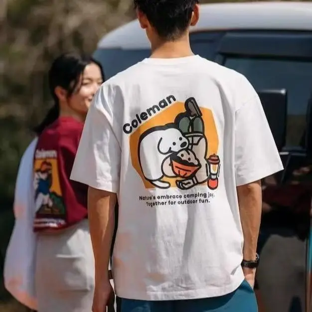 Men Casual Short Sleeve T-Shirt Cartoon Puppy Camping Print Crew Neck Cotton Tees Outdoor Daily Wear