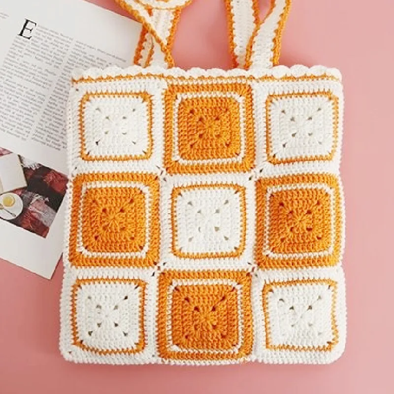 Simple and fashionable women's handbag with handmade crochet square pattern mobile phone bag cute storage bag card bag