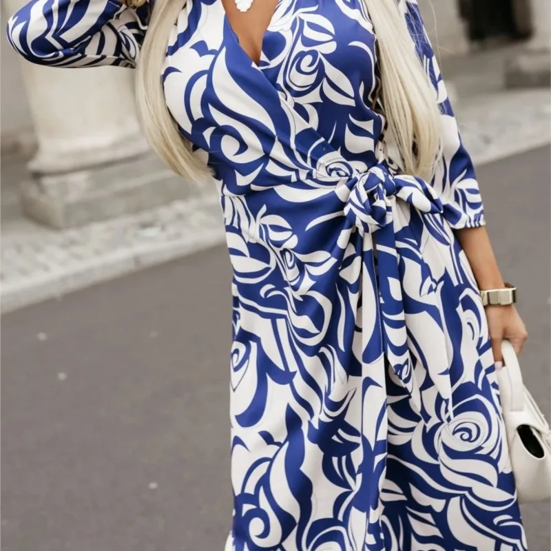 

Sexy V-neck Lace Up Waist Cinching Fashionable Printed Seven Quarter Sleeve Dress Autumn New Women's Loose Irregular Long Frock