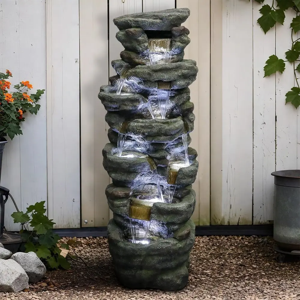 

51" High Multi-Tiers Cascading Rock Outdoor Water ountain with LED Lights - Large Outdoor Resin ountains and Wateralls or Garden