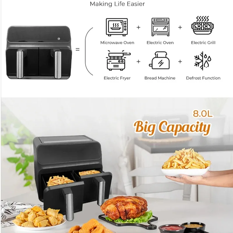 Low Moq Japanese Non Stick  Automatic Smart Oil-free 8L Air-fryer 2300W Air Fryer Oven Dual Portable