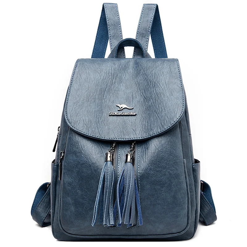 2022 Double Tassels Women Leather Backpacks High Quality Female Backpack Casual Daily Bag Ladies Bagpack Travel School Back Pack