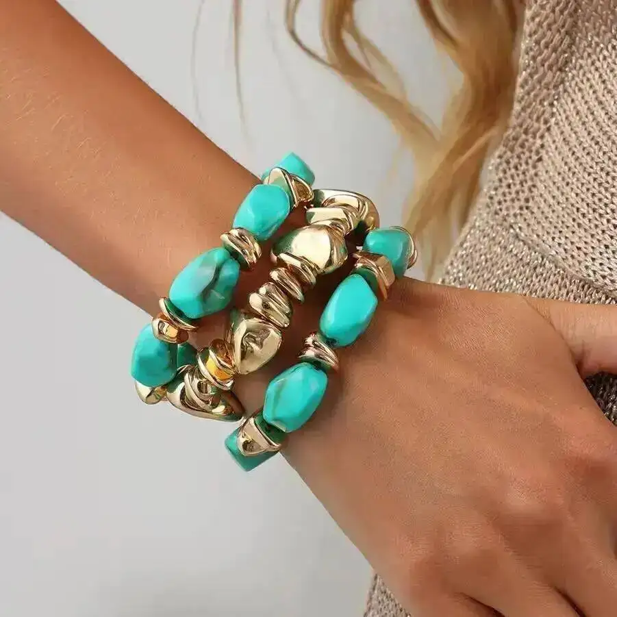 SHIXIN 3Pcs/Set Trendy Irregular CCB Beaded Chain Link Resin Bracelets for Women Boho Multilayer Elastic Bangles Jewelry On Hand