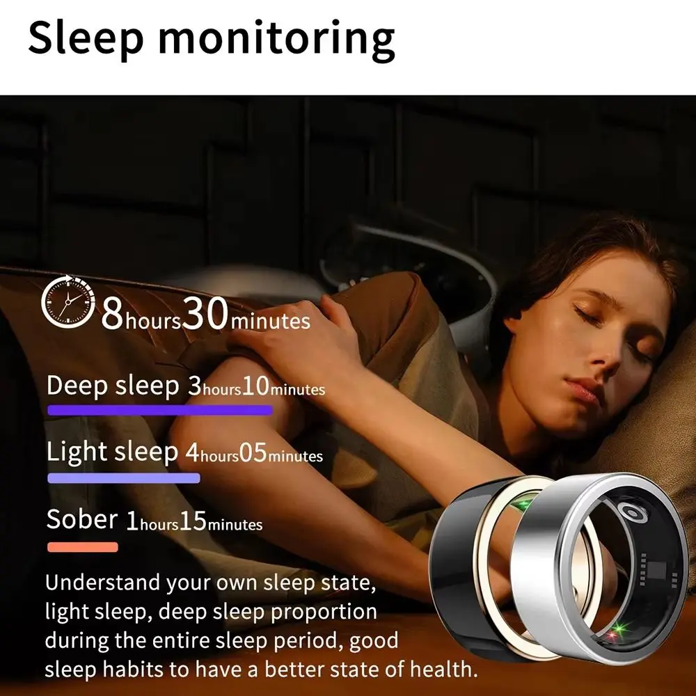 Sleep/Step Tracker Smart Health Rings IP68 Waterproof Steel Shell Fitness Tracker Finger Ring Wearable Multi-sport Modes