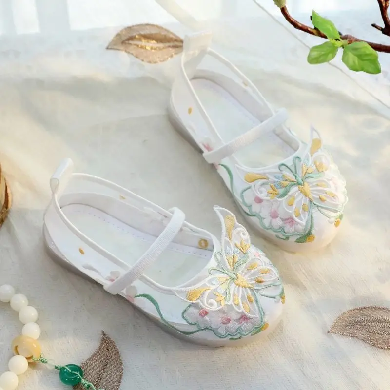 Children Vintage Hanfu Shoes Chinese Style Girls Princess Embroidered Butterfly Kids Causal Performance Flat Shoes