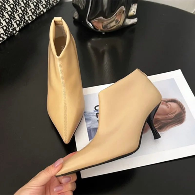 2024 Autumn Pointed Toe Ankle Boots Women High Quality Cozy PU Leather Thin Heels Black Women Pumps Party Banquet Chelsea Boots