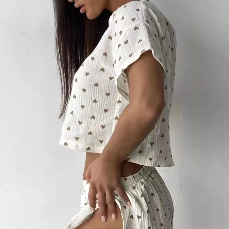 

Women Pajamas Set Summer Thin Love Print Crepe Pure Cotton Pajamas Women's Short-sleeved Slit Shorts Two-piece Set