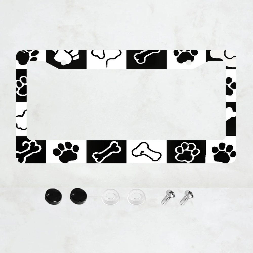 

1PC 2-Hole License Plate Frame with Black and White Paw Print Design, Aluminum Material, 6x12 Inches, Includes Screws