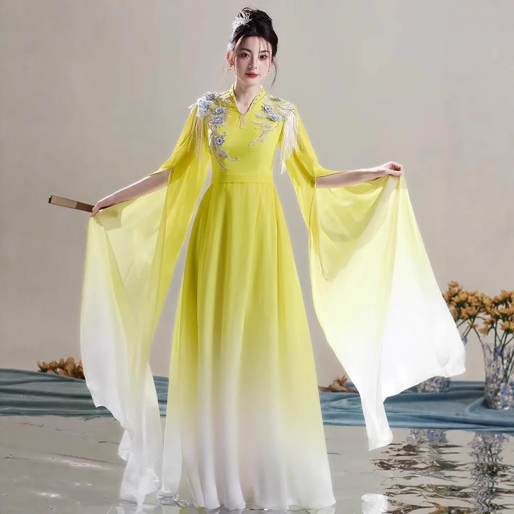 

Китайский классический танцевальный костюм, желтый костюм для восстановления постепенной песни, элегантное женское платье Guzheng Performance Hanfu Qipao