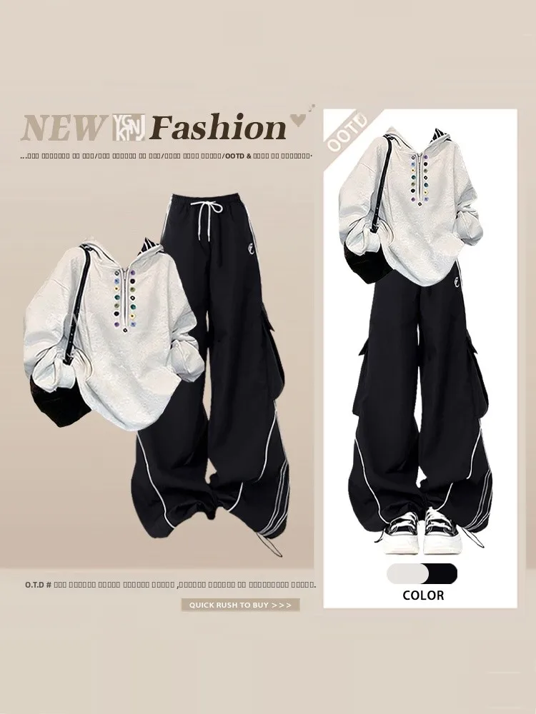 

Loose Spor Wide Leg Pants Set with Dstring And Bules High Waist Long Sve Hoodie Two Piece Women's Outfit