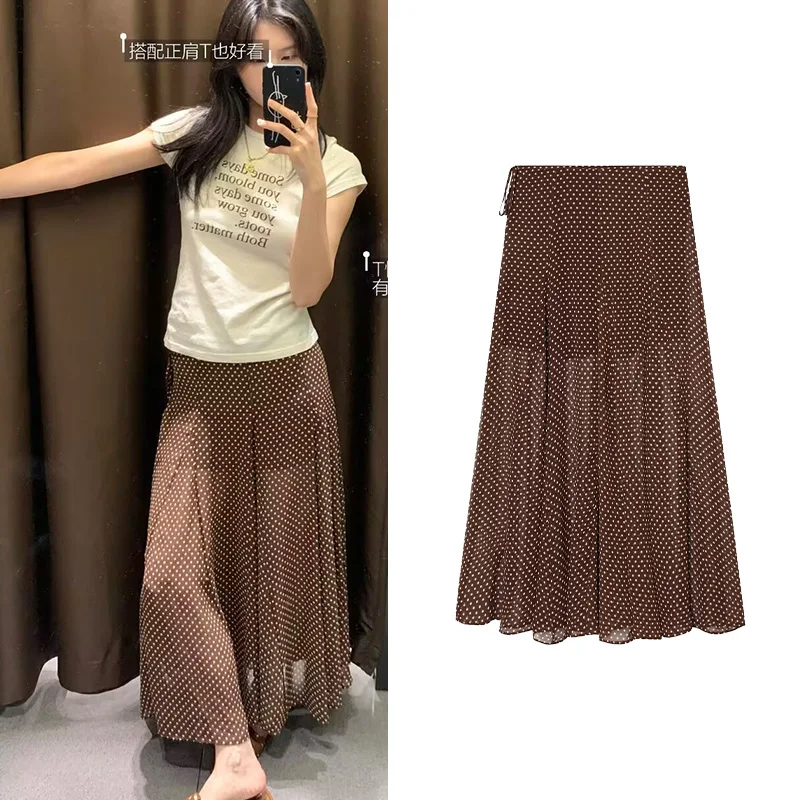 Women's 2026 Polka Dot Midi Skirt with Bead Detailing New Summer Women A-Line Hem Side Zipper Elegant Chic Female Skirts