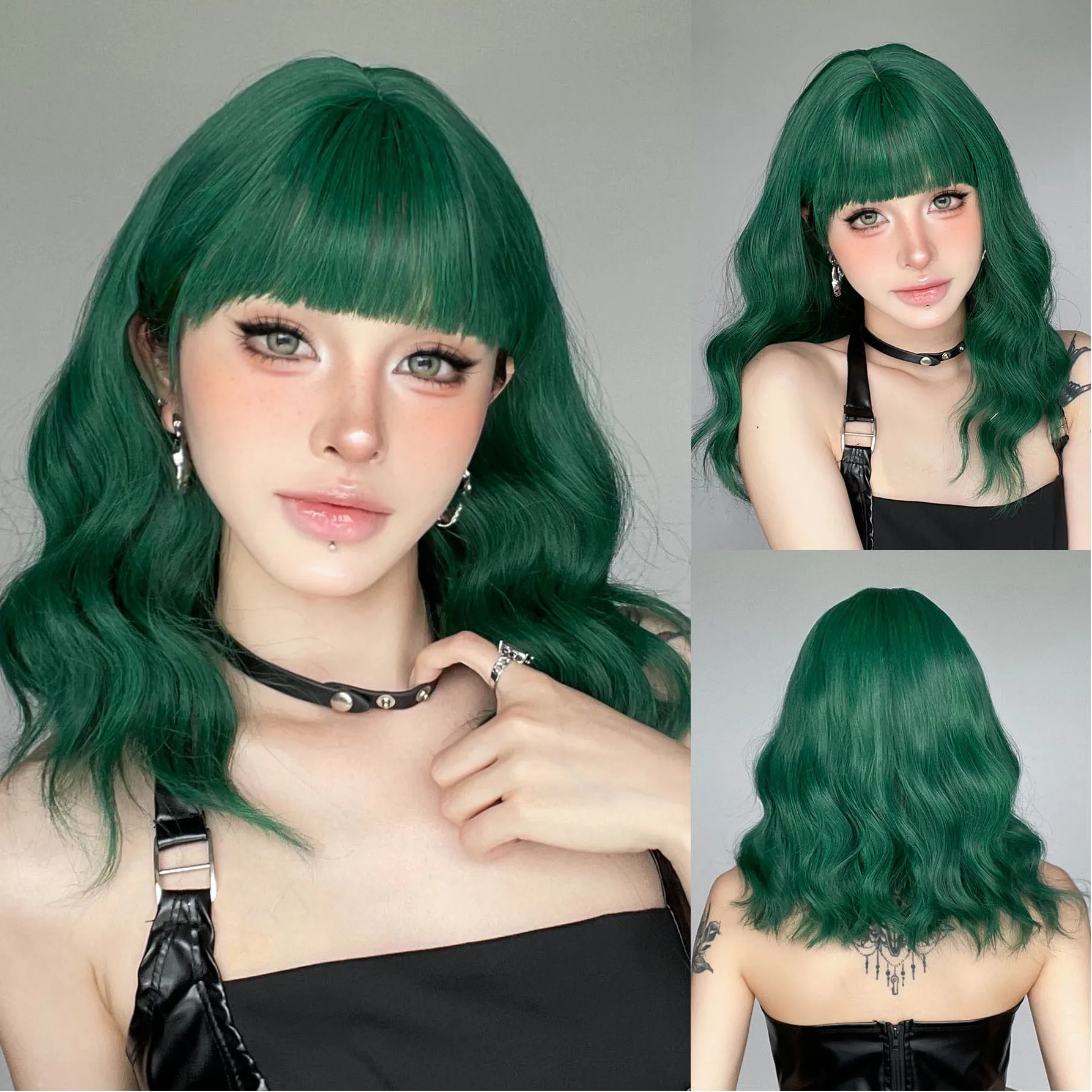 

Wig Short Hair Wig Short Curly Hair Qi Bangs Dark Green Water Ripple European and American Chemical Fiber Wig Full Headgear