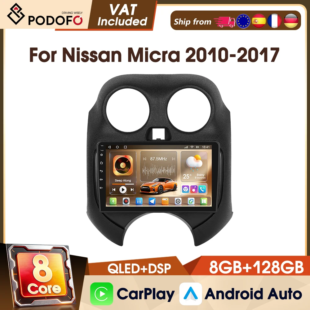 Podofo 9" 4G 8+128G Auto-Multimedia-Videoplayer CarPlay Android Auto Autoradio für Nissan Micra 2010-2017 8-Kern FM RDS WIFI GPS IPS-Bildschirm Autoradio