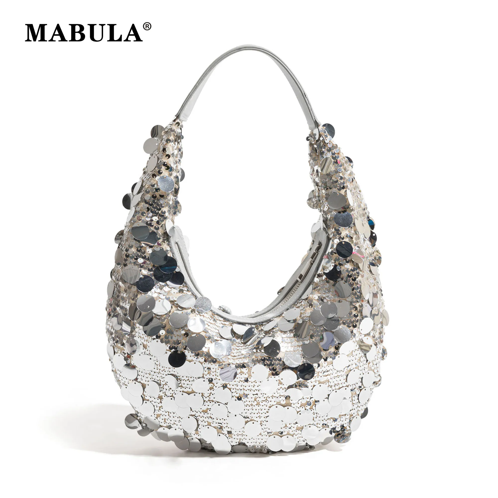 MABULA Glittering Sequined Evening Purse for Women Half Moon Brand Clutch Handbag and Wallet Sparkling Party Shoulder Hobo  Bag