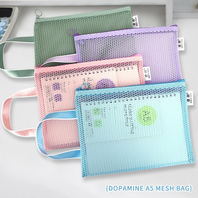

A5 Mesh Subject Organization Pouch Transparent Single Layer Folder with Carry Handle for School Papers Exams Documents File Bag