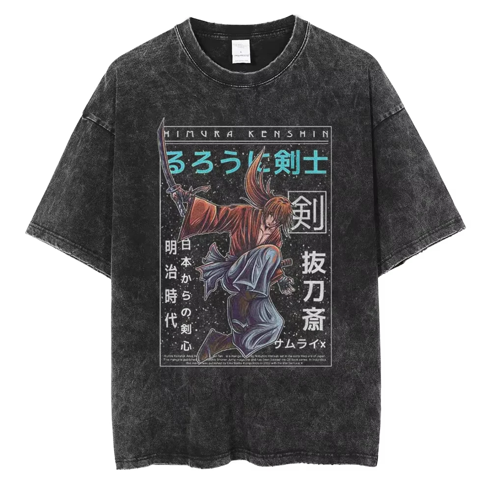 Harajuku Anime Rurouni Kenshin Himura Kenshin Print Tshirt Men Manga Oversized T-shirts Washed Cotton Casual Short Sleeve Tee