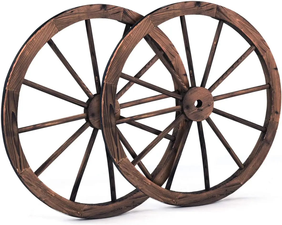 2-Piece Carbonized Solid Fir Wagon Wheels for Wall Art Garden Decor – Rustic Hanging Wood Wheels with Steel Rim, No Assembly Needed