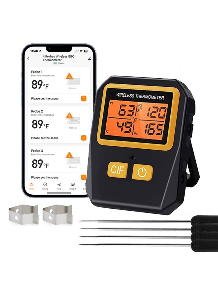 Thermomètre à viande numérique sans fil 100M, avec rétro-éclairage à 4 sondes, pour cuisine, barbecue, application Tuya, connexion Bluetooth pour téléphone