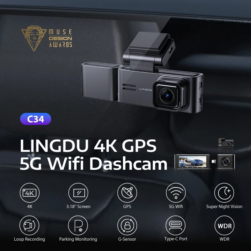 LINGDU C34 3 Channel Dash Cam Front Inside Rear Three Way Car Dash Camera 4K+1080P Dual Channel With GPS 5G WiFi IR Night Vision