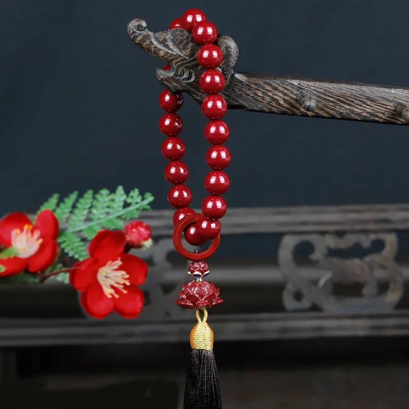 Chinese Cinnabar Jade Stone 10mm Beads Tassel Bracelet Necklace Tibetan Buddhist Mala Buddha Charm Rosary Yoga Men Woman Jewelry