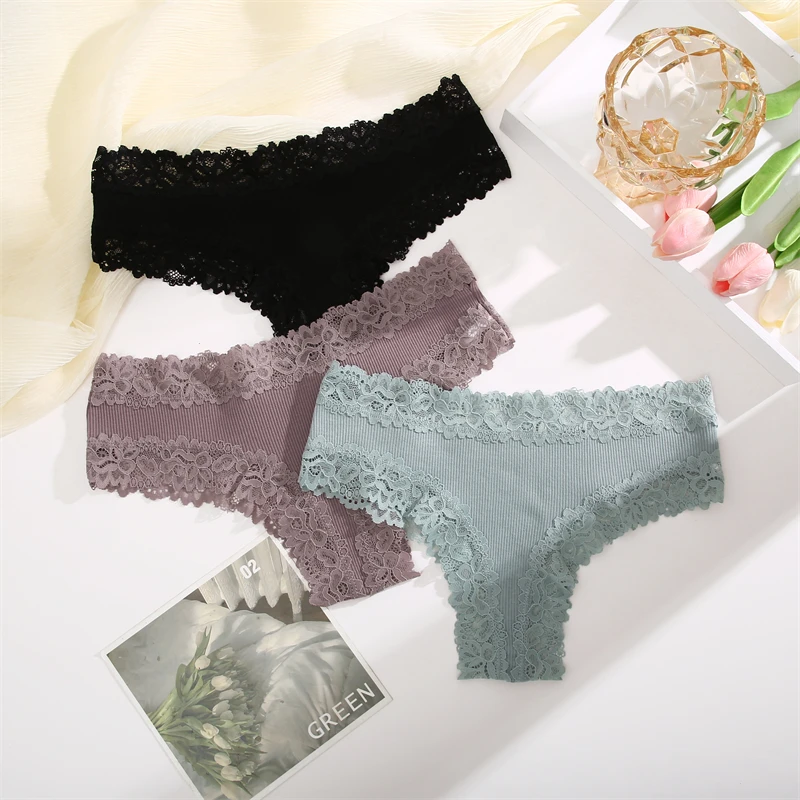 FINETOO 2PCS Women\'s Cotton Underwear Sexy Lace Floral Panties Low Rise Comfortable lingerie Erotic Seamless Breathable lingerie