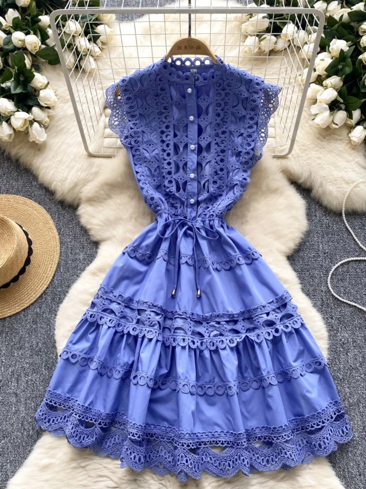 Women Vintage Midi Dress Summer Sleeveless Slim A-line Elgant Evening Party Dresses Ladies Hollow Out Solid A-line Robe Vestidos