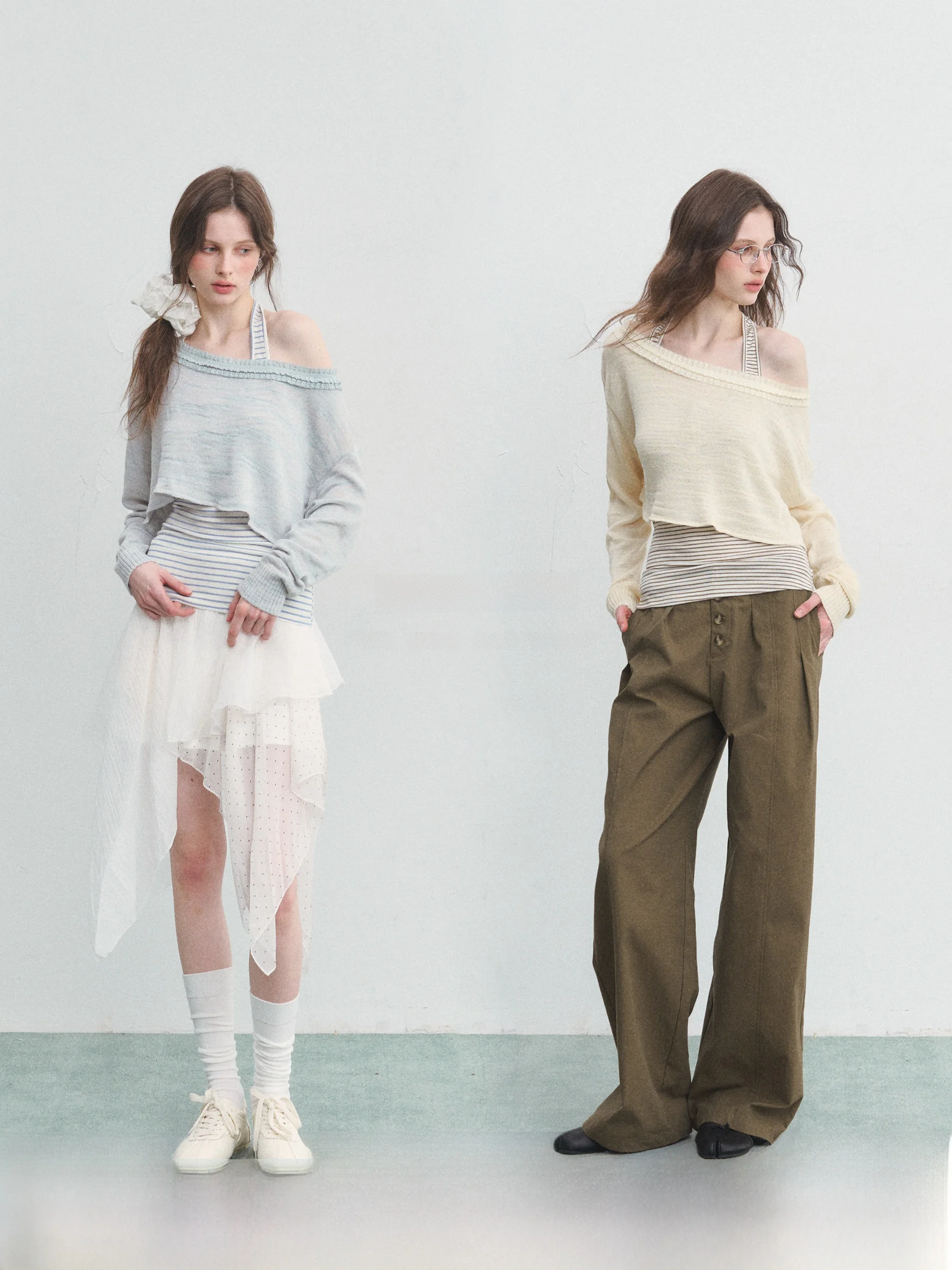 

SPEAR YOUTH Clouds Weave Drs Silk Wool Splicing Two-Piece Set Knitted Stripe Sweater Casual Loose Fit Long Sve ort Le...