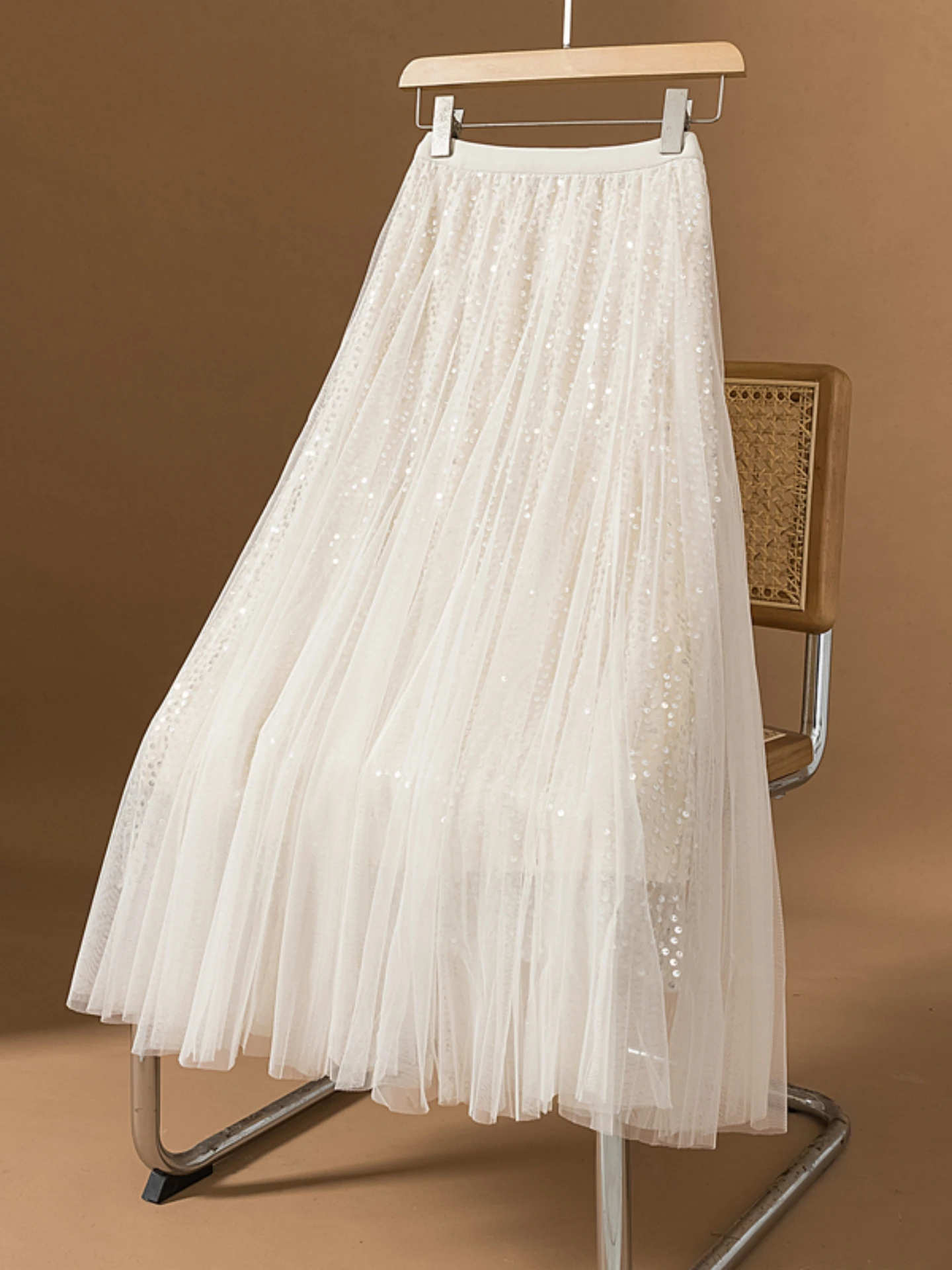 Glittery Heavy Embellished A-Line Midi Skirt Women's Summer New plus Size Slimming Mesh High Waist Skirt Korean Style