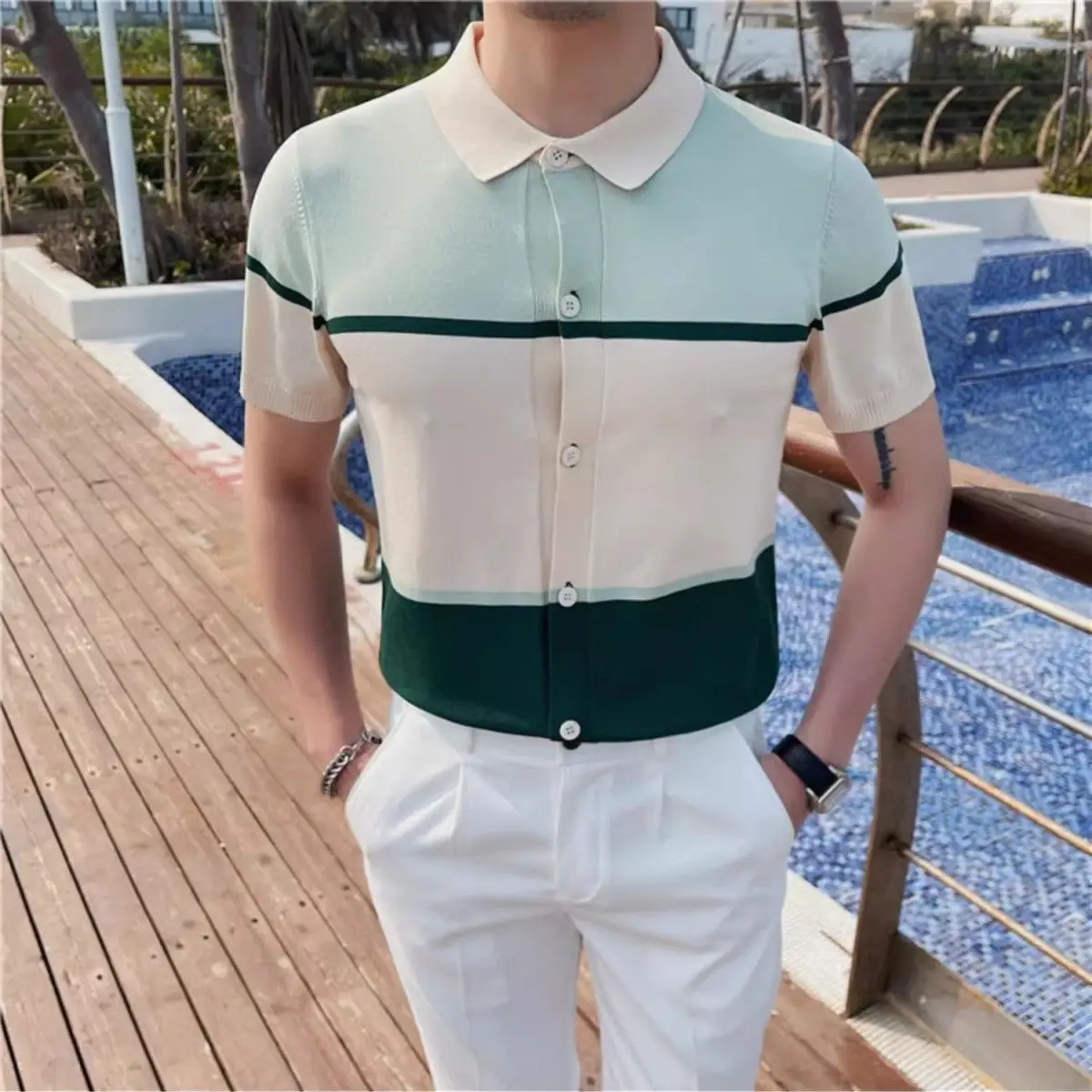 Contrast color knitted short-sleeve polo shirt for men slim-fit versatile casual and business collar T-shirt for summer JJ1520