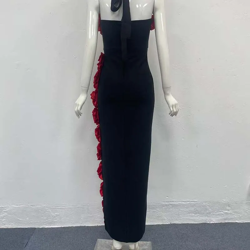 Nuevo vestido largo Bandage con flores de diamante blanco y negro de un hombro para mujer, vestidos elegantes de fiesta de noche para celebridades y cumpleaños de lujo