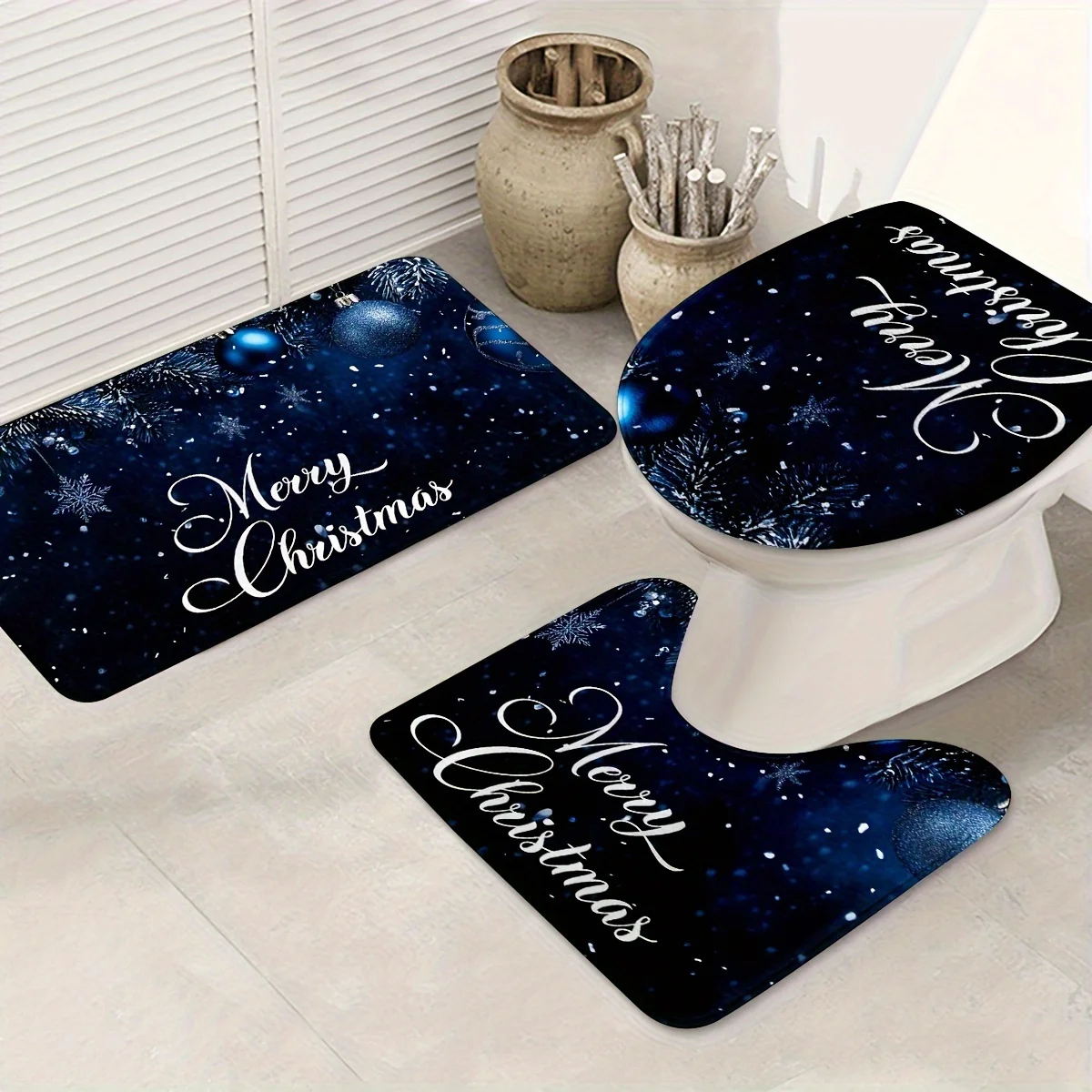 Christmas Snowflake Blue Dreamlike Theme Bathroom 3Pcs/set Mat Home Flannel Decoration Accessories Floor Rug Toilet Cover40*60CM