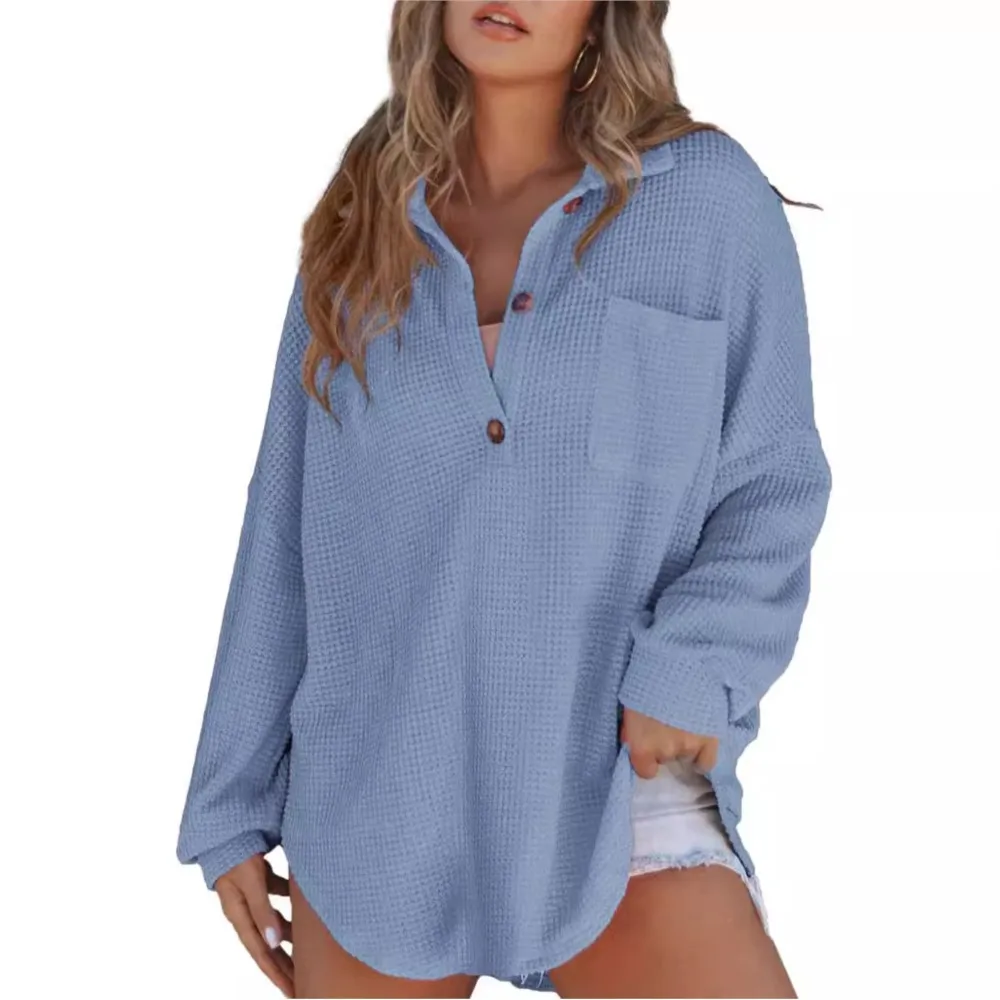 

Women Solid Color Pocket Splicing Sweatshirt 2024 Autumn/Winter Waffle Knitted Top Casual Loose Button Lapel Long-Sleeved Hoody