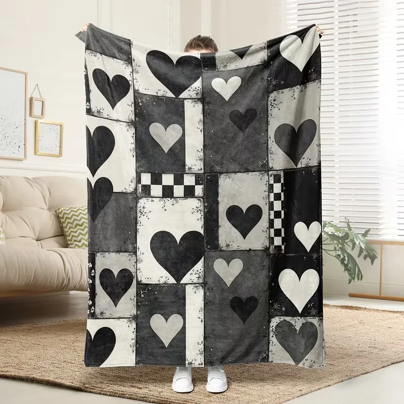 Watercolor Pink Purple Heart Shaped Diamond Print Blanket Sweet Soft Warm Bedroom Sofa Decor Blanket