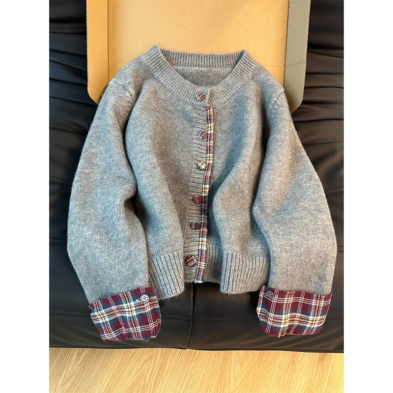 

Loose Korean Sle Women's Sweater Autumn Winter Plaid round Ne Splicing Casual Versatile Open Cardigan Sweet Sle Long Sl...