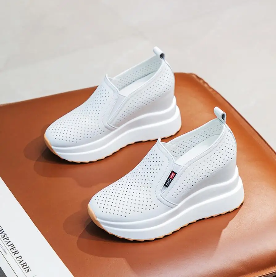 

Spring Summer Genuine Leather Shoes Women Fashion Sneakers Ladies Flat Platform Height Increasing 10cm Black White Shoes