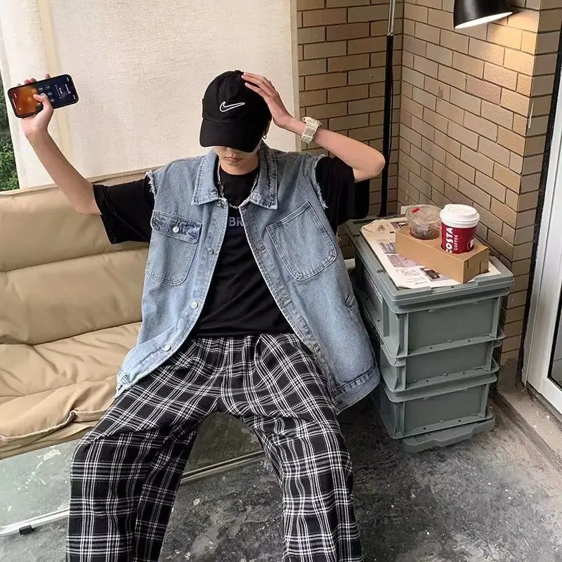 سترة رجالية للخريف موضة فضفاضة بكتف منسدل سترة مغسولة عتيقة لربيع الخريف متعددة الاستخدامات بدون أكمام #3