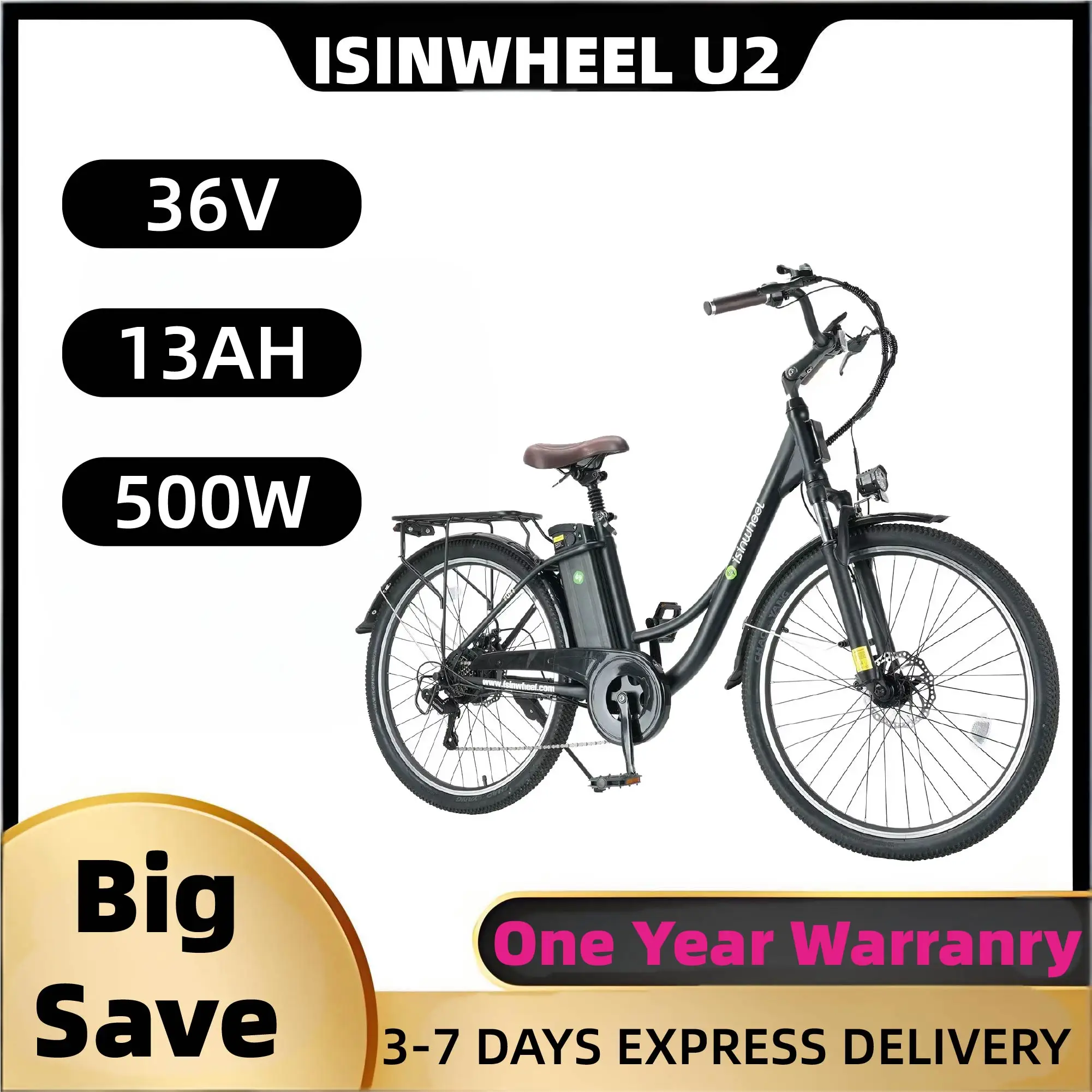 

Isinwheel U2 Adult Electric Bicycle,500W city ebike, 36V13AH commuting E-bike, 26 Tire Electric Bike