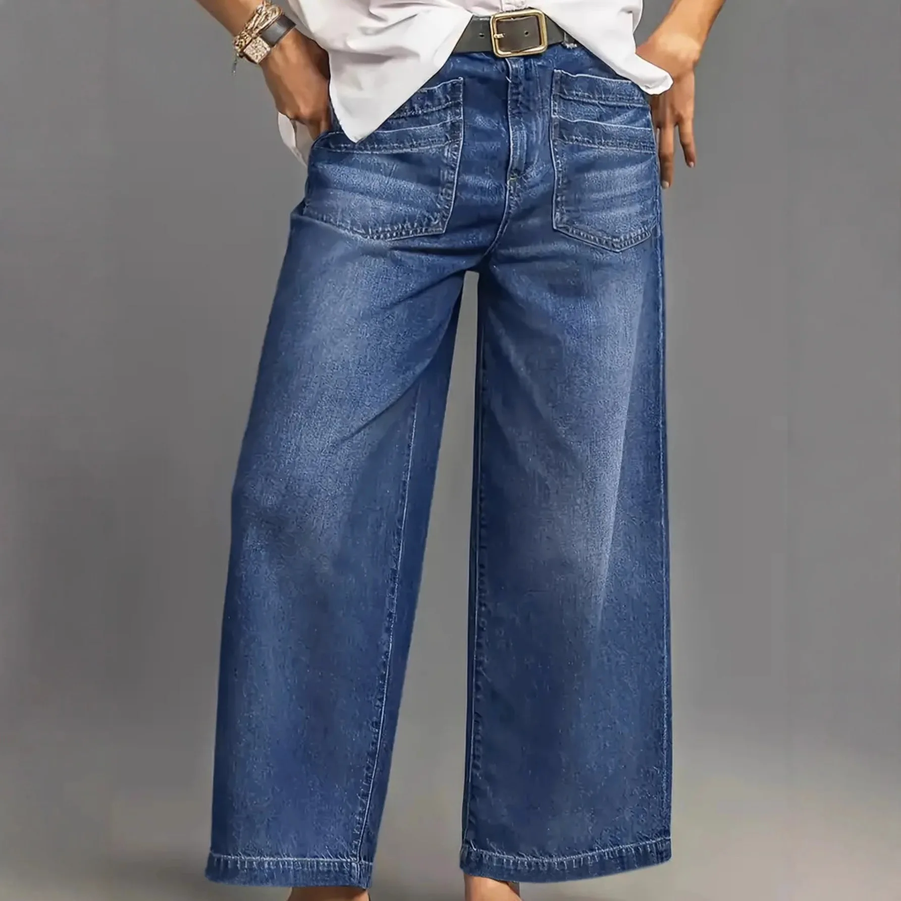 European and American Mid-rise Wide-leg Jeans, Washed Pants, Polished Diagonal Nine-point Pants