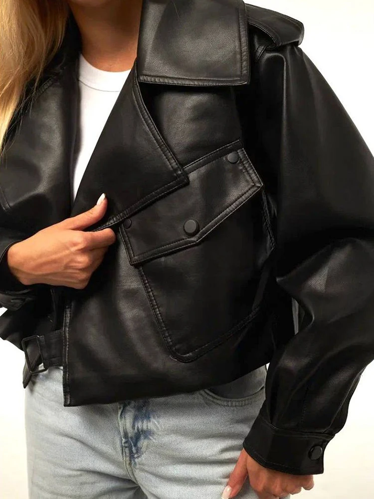 Ailegogo Spring Autumn Women Loose Single Button Pu Faux Leather Short Jacket Streetwear Female Moto Biker Coat Chic Outwear