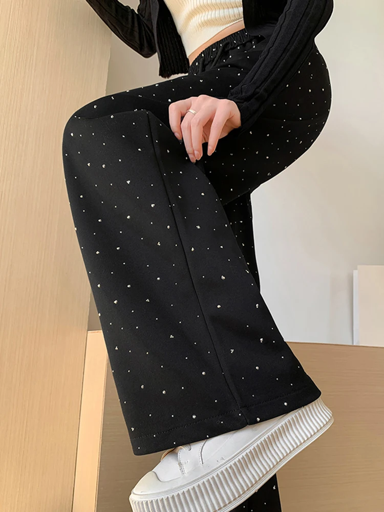 Full Star Hot Drill High Waist Broadfoot Trousers Female Summer Heavy Industry Foreign Fashion Slim Casual Pants Woman Clothing