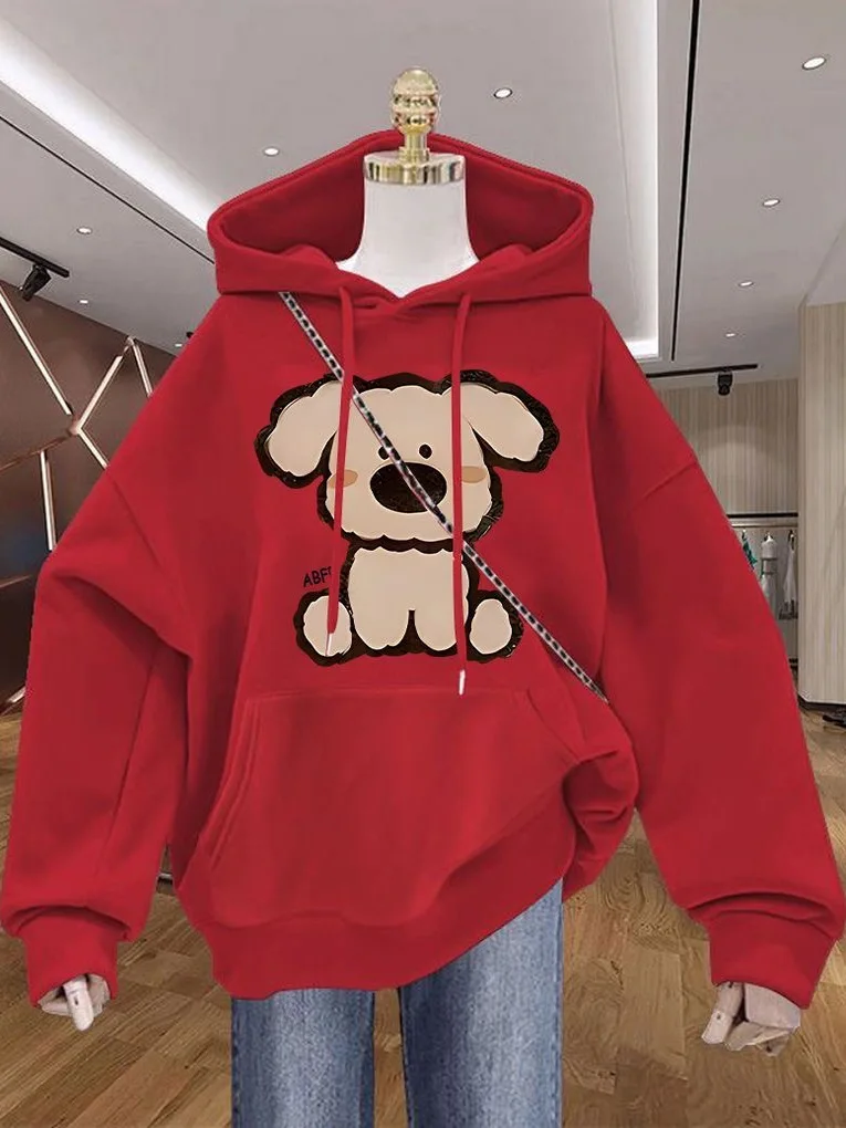 

Свободная женская толстовка оверсайз с капюшоном, красная, на флисовой подкладке, с мультяшным принтом собаки, удобная, повседневная, в корейском стиле, весенняя