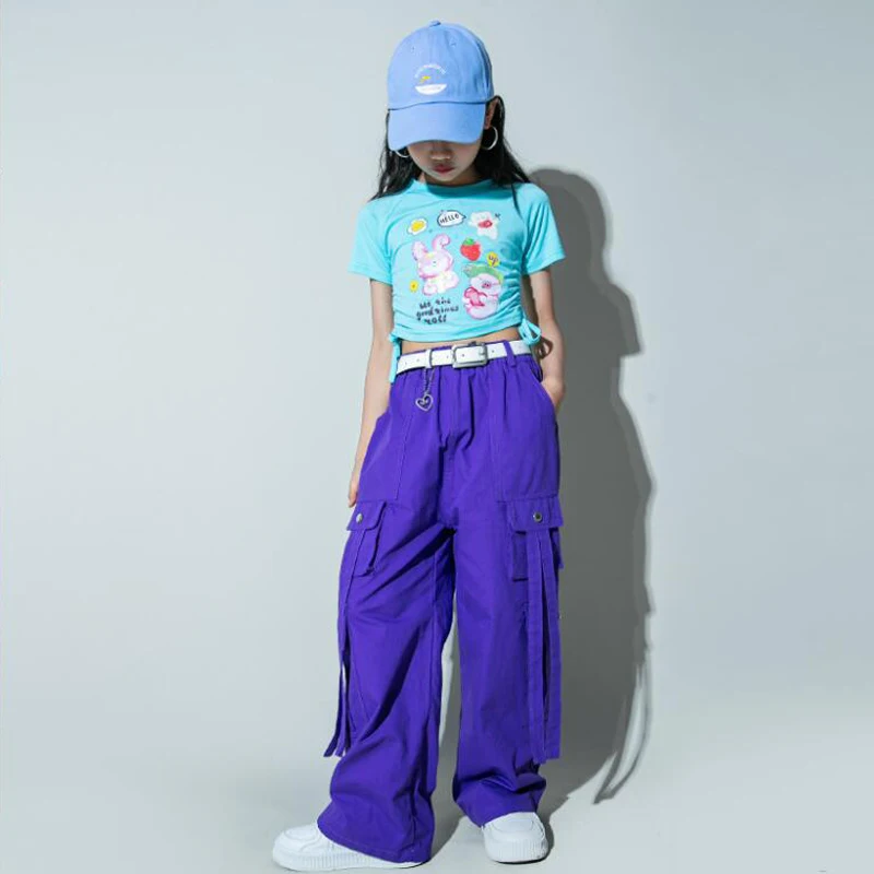 Hip Hop Girls T-shirt Street Dance Solid Cargo Pants Child Candy Color Streetwear Crop Top Clothes Set Kids Sweet Jazz Costumes