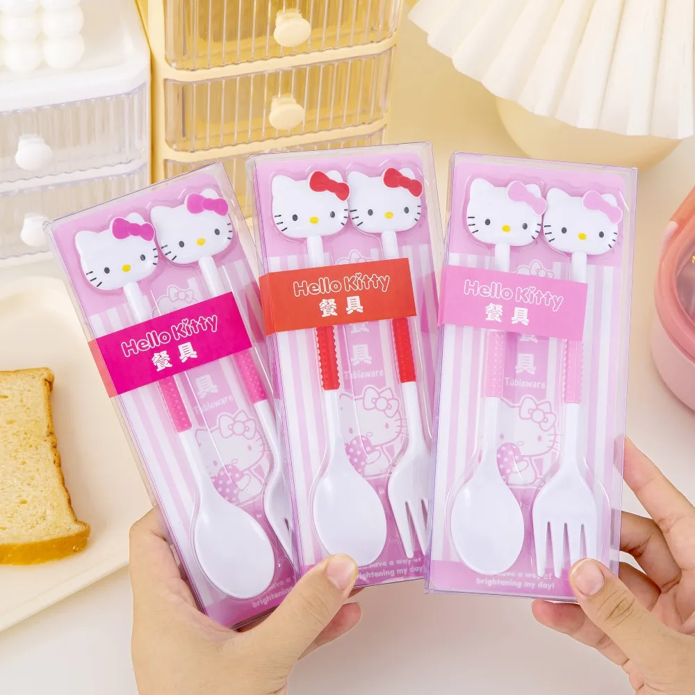 2Pcs Kawaii Sanrias Hello Kitty Tableware Anime Kuromi Melody Spoon Fork Student Travel Portable Cutlery Set Gift for Children