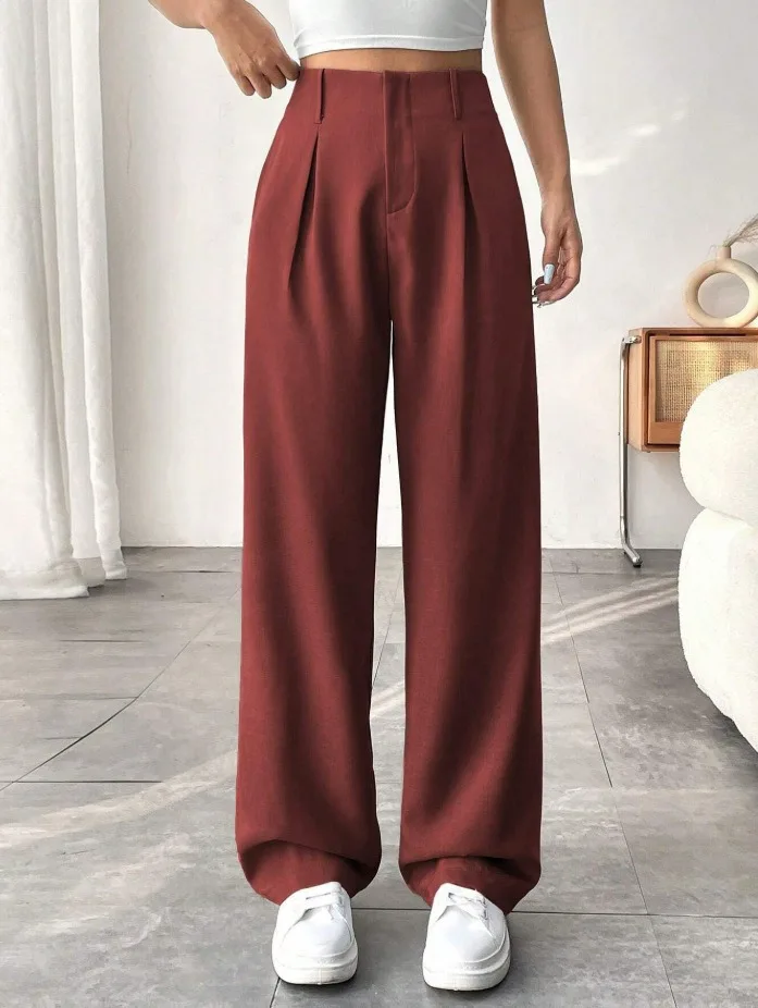 Damen High-Waist Straight-Leg Hosen Slim Fit Einfarbige Plissierte Anzughosen mit Taschen Büro Klassische Freizeithosen – Detail 9