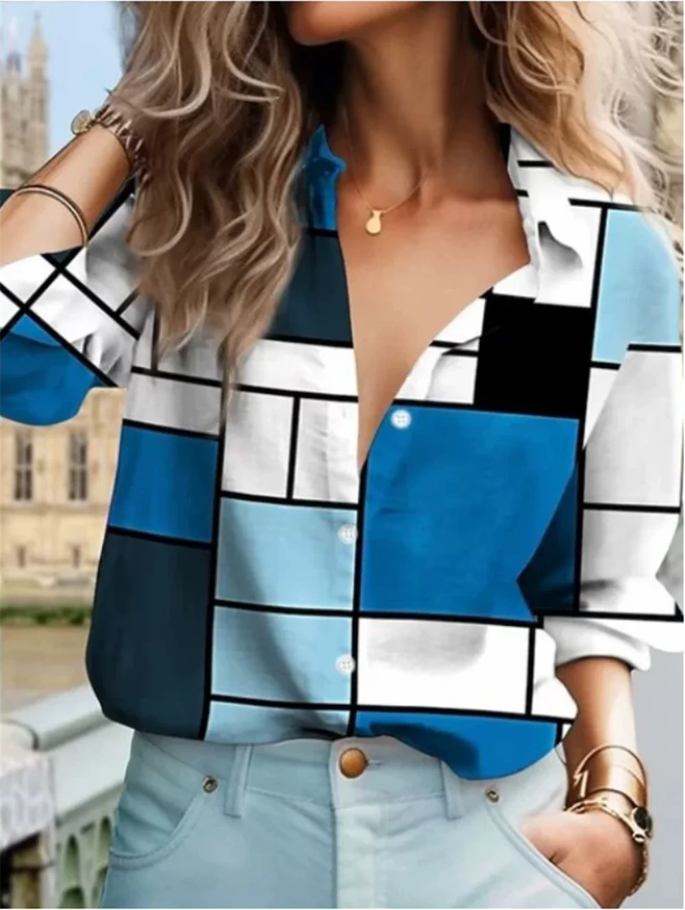 Fashion Gradient Plaid Pattern Women Shirts All Season Long Sleeve 3d Print Street Trend Ladies Blouse 3XL Big Size Casual Shirt