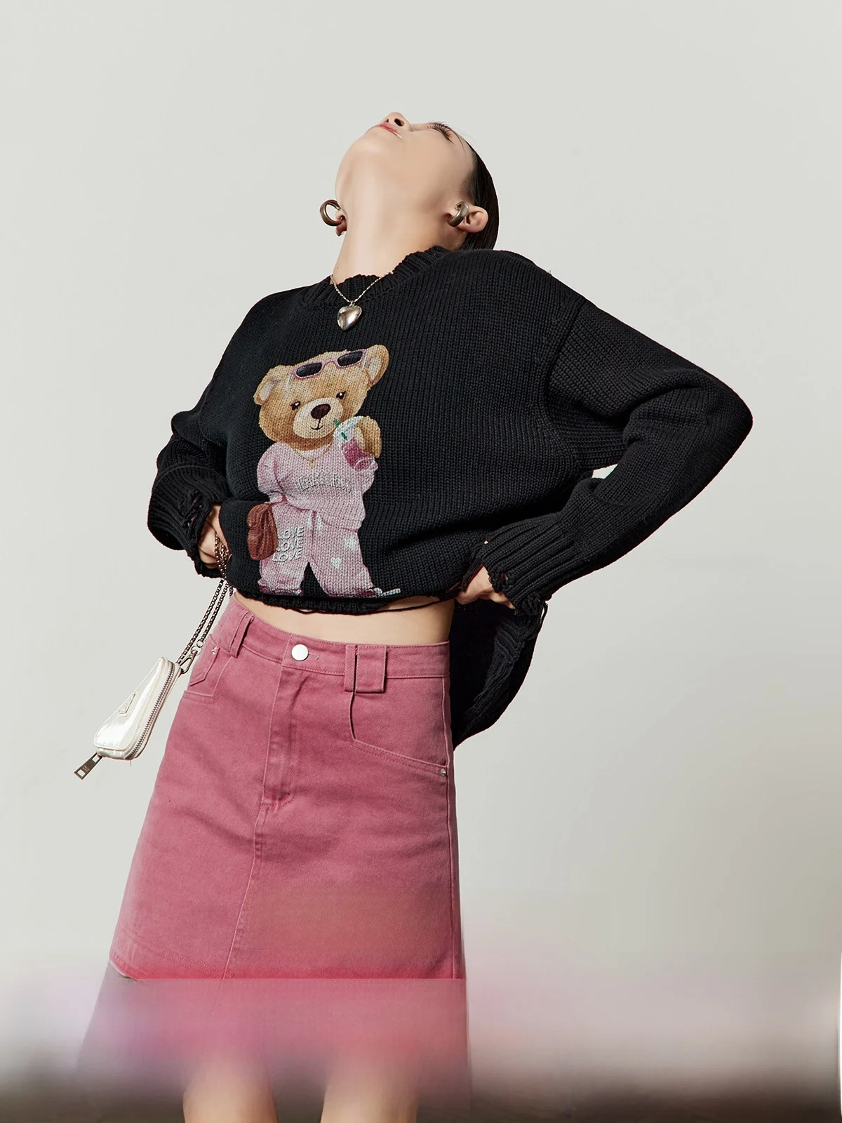 

Bla Knitted Loose Women's Sweater Winter New Sle Bear Print Casual Top by Zhou Li Wu Comfortable Breathable Faionable