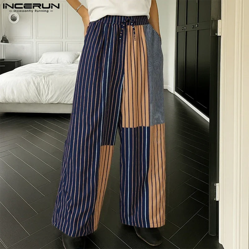 

INCERUN Men Pants 2025 Loose Drawstring Striped Patchwork Casual Straight Wide Leg Trousers Men Streetwear Fashion Long Pants